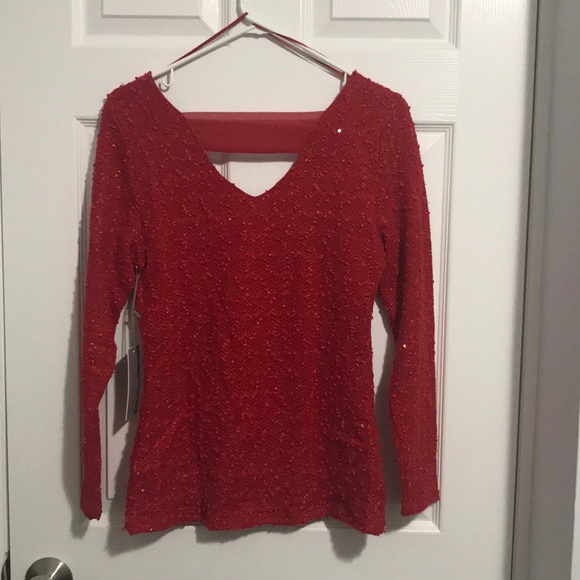 NWT Jennifer Lopez Red Textured Blouse - Picture 6 of 6